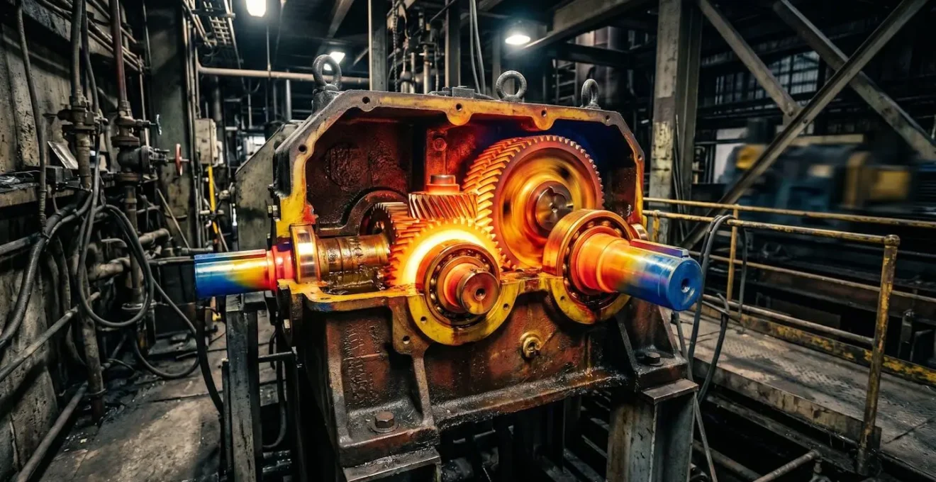 Vue en coupe d'un carter de réducteur industriel dans un espace restreint montrant des zones de chaleur accumulée sans ventilation