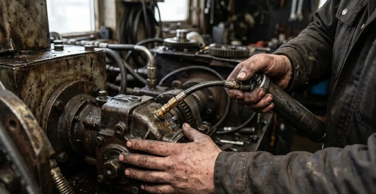 Mécanicien injectant de la graisse dans un raccord de graissage sur un réducteur industriel dans un espace de travail étroit