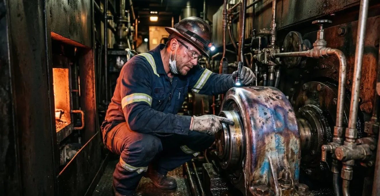 Technicien de maintenance inspectant un roulement industriel dans un espace confiné avec traces de chaleur visibles sur le carter