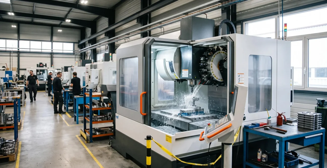 Centre d'usinage CNC moderne en fonctionnement dans un atelier de fabrication mécanique avec plusieurs postes de travail visibles