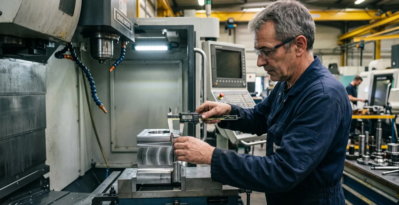 Opérateur vérifiant les dimensions d'une pièce usinée en acier trempé avec un instrument de mesure numérique près d'une fraiseuse CNC