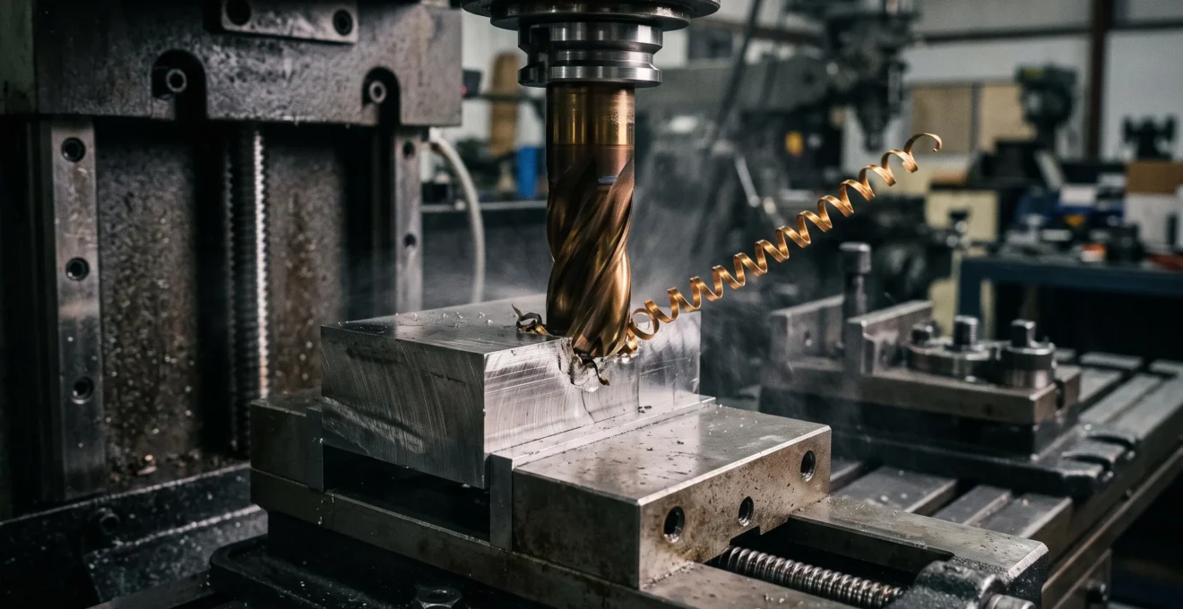 Fraise carbure en action usinant une pièce en acier trempé avec formation de copeaux métalliques sur machine CNC