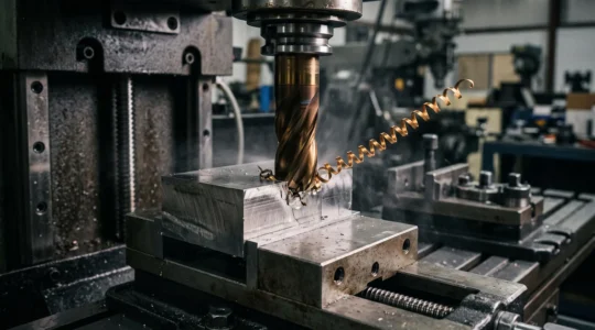 Fraise carbure en action usinant une pièce en acier trempé avec formation de copeaux métalliques sur machine CNC