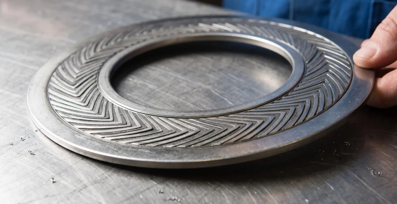 Gros plan détaillé sur un joint semi-métallique spiralé montrant sa structure alternée de métal et de garniture souple.