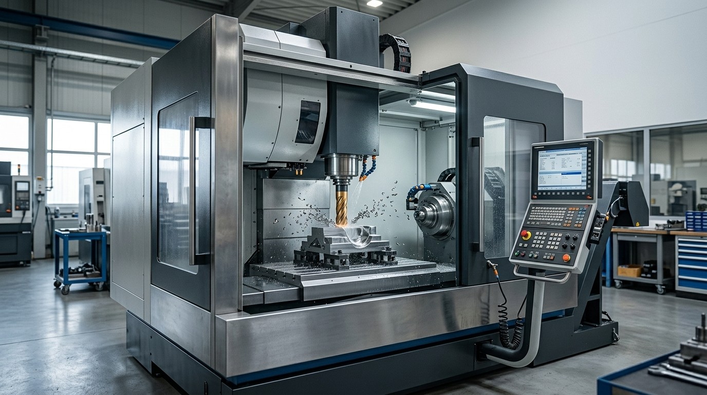 Centre d'usinage CNC moderne en fonctionnement dans un atelier de fabrication mécanique avec plusieurs postes de travail visibles