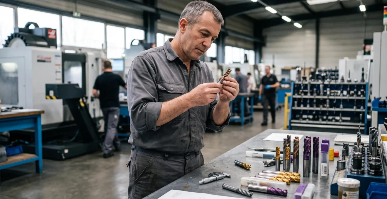 Usineur inspectant et comparant différentes fraises carbure avec revêtements variés sur un établi d'atelier