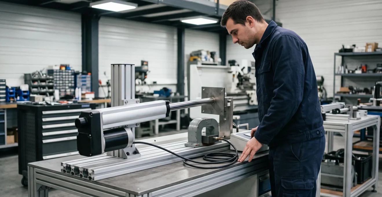 Un technicien observe un vérin électrique en cours de course sur un banc d'essai, à côté d'un électro-aimant de démonstration, dans un atelier industriel.