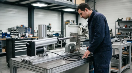 Un technicien observe un vérin électrique en cours de course sur un banc d'essai, à côté d'un électro-aimant de démonstration, dans un atelier industriel.