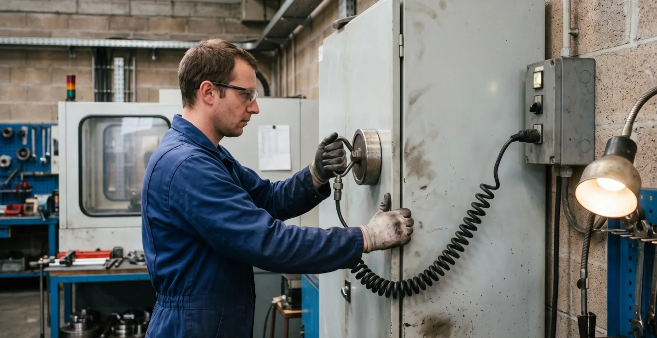 Un technicien maintien un électro-aimant circulaire contre une porte en acier d'une armoire pour tester l'adhérence magnétique.